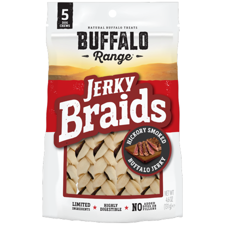 Buffalo Range Natural, Grain Free Jerky Braid Rawhide Chews for Dogs